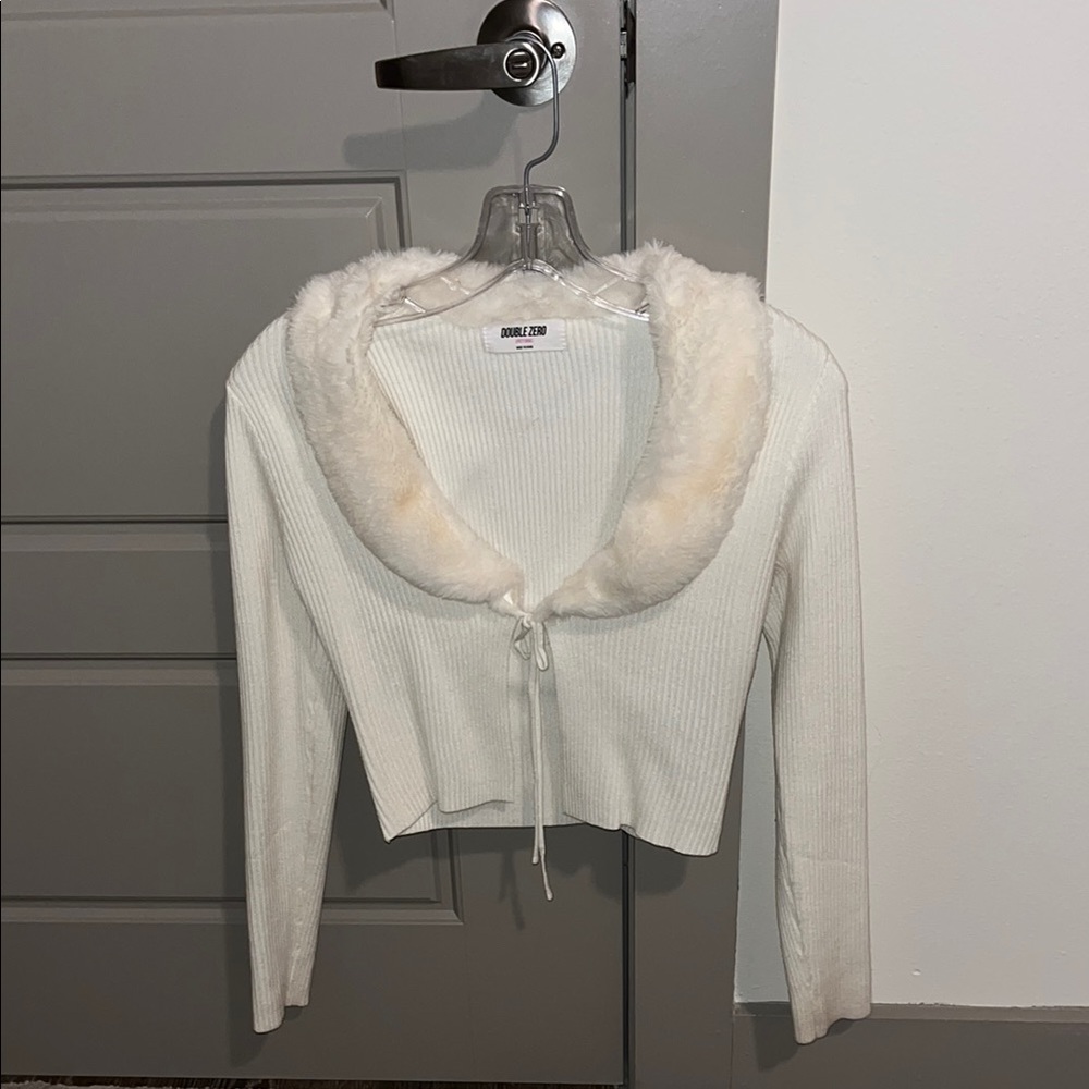 Women's White Sweater with Faux Fur Collar